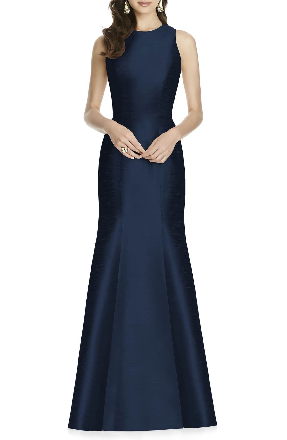 0719 SIZE:2 ALFRED SUNG DEEP NAVY DUPIONI SILK TEXTURED SLVLSS TRUMPET GOWN W/HIGH SCOOP NECK, OPEN LOW BACK,SIDE SKIRT, CONCEALED BACK ZIPPER CLOSURE, AND BOW ACCENT RTL:$231.99