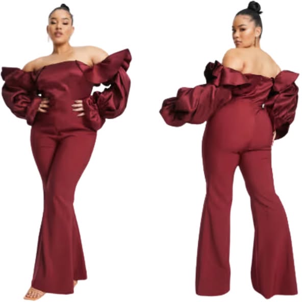 1222 SIZE:18 ASOS LUXE WINE SATIN BARDOT OFF THE SHOULDER JUMPSUIT W/CONCEALED BACK ZIPPER CLOSURE AND RUFFLED CUFFS  NWOT RTL: $130.00