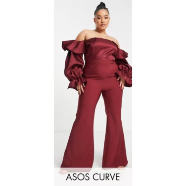 1222 SIZE:18 ASOS LUXE WINE SATIN BARDOT OFF THE SHOULDER JUMPSUIT W/CONCEALED BACK ZIPPER CLOSURE AND RUFFLED CUFFS  NWOT RTL: $130.00