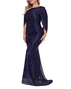 0719 SIZE:10 BETSY ADAM DEEP NAVY METALLIC CRINKLED DRAMATIC ONE SHOULDER GOWN W/ATTACHED ACCENT SCARF, CONCEALED BACK ZIPPER CLOSURE