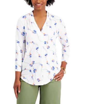 1215  CHARTER CLUB BLUE&ORANGE FLORAL & WHITE PEARL PATTERN LNG SLV V-NECK BLOUSE NWT RTL:$49.50