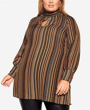 1222 SIZE:L CITY CHIC INTRIGUE TOPAZ,BLACK&WHITE VERT STRIPE LNG SLV TUNIC W/HIGH NECK, BACK TIE, AND THREE BUTTON CUFFS NWT RTL:$99.99