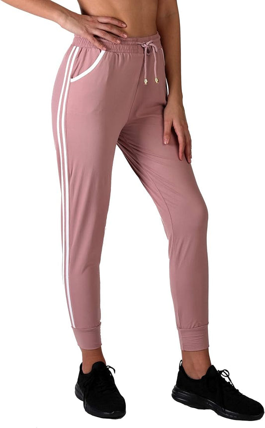 1130 SIZE:L/XL INDERO DRY ROSE&WHITE JOGGERS W/ELASTIC DRAWSTRING WAIST, SIDE POCKETS AND WHITE TUXEDO STRIPES NWT RTL:$ RTL:$42.00