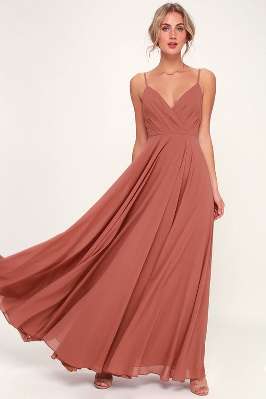 0123 SIZE:M LULUS ROSE SPAGHETTI STRAP FORMAL DRESS W/V-NECK, OPEN BACK, RUFFLES AT BACK, LAYERED CHIFFON SKIRT, CONCEALED BACK ZIPPER AND BACK TIE NWT RTL:$99.00