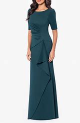 0726 SIZE:12 XSCAPE HUNTER GREEN SHORT SLV GOWN W/BOAT NECK, CONCEALED BACK ZIPPER, RUFFLE DETAIL AT SIDE AND TRAIN NWT RTL:$208.00