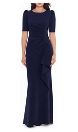 0719 SIZE:14P XSCAPE DEEP NAVY SHORT SLV GOWN W/SCOOP NECK,RUCHED SIDE AND CONCEALED BACK ZIPPER CLOSURE RTL:$218.00