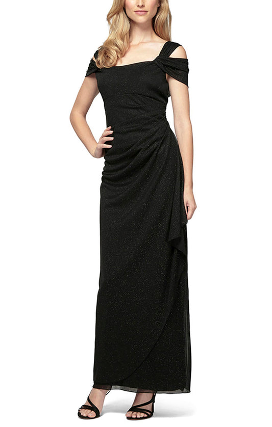 21223 ALEX EVENINGS BLACK COLD SHOULDER GLITTER MESH DRESS W/DRAPED SKIRT AND COWL NECKLINE NWT RTL:$159.00