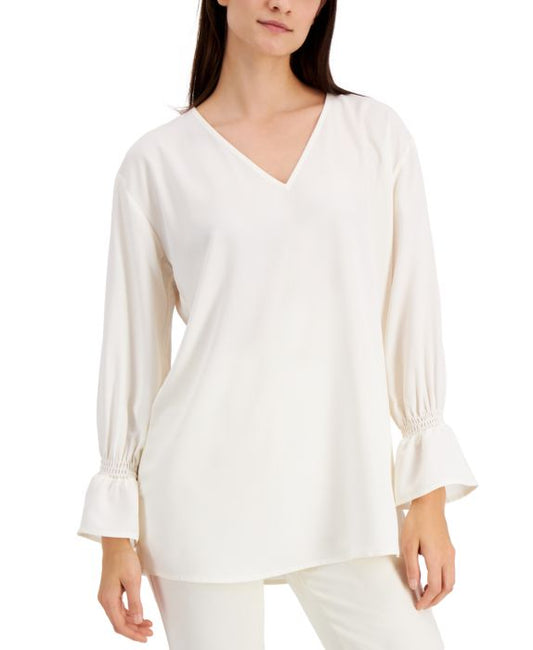 1123 SIZE:XL ALFANI CALLA LILY WHITE RUFFLE SLV BLOUSE W/V-NECK NWT RTL:$69.50