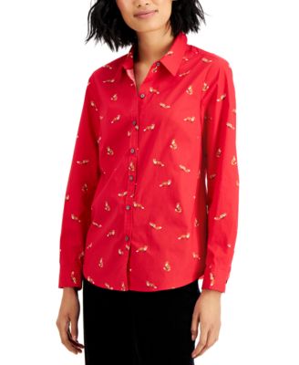 1323 SIZE:S CHARTER CLUB RED FOX PRINT LNG SLV BUTTON DOWN FRONT SHIRT W/FLAT COLLAR NWT RTL:$59.50