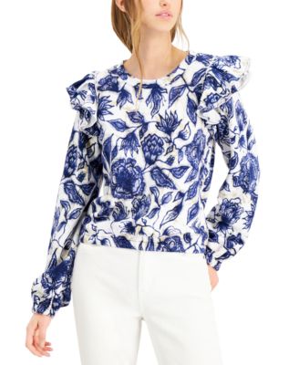 1206 SIZE:SP INC BLUE&WHITE FLORAL PATTERN LNG SLV RUFFLE-SHOULDER BLOUSE NWT RTL:$69.50