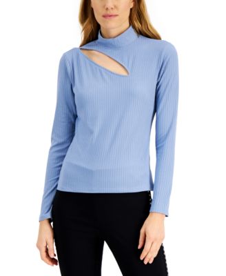 1123 INC BLUE RIBBED MOCK NECK LNG SLV TOP W/CUT OUT AT NECK NWT RTL:$39.50