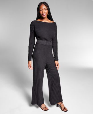 1123 SIZE:L JEANNIE MAI BLACK WIDE LEG KNIT RIBBED PANTS W/ELASTIC WAISTBAND NWT RTL:$79.50