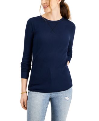 1123 STYLE&CO NAVY BLUE LNG SLV WAFFLE WEAVE TOP W/BOAT NECK NWT RTL:$29.50