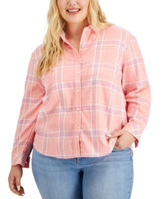 1323 STYLE&CO PINK PLAID LNG SLV BUTTON DOWN FRONT SHIRT W/FLAT COLLAR NWT RTL:$56.50