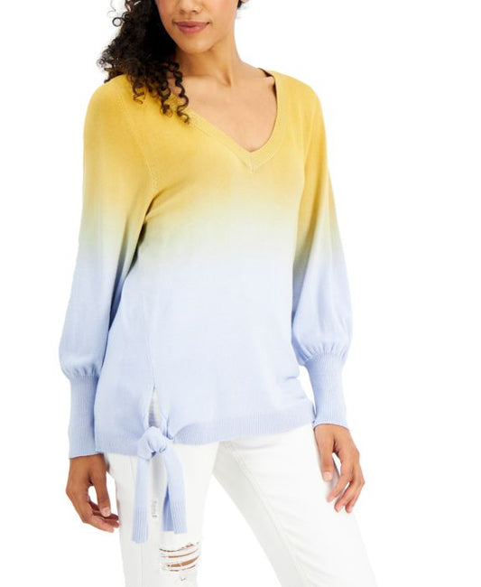 1123 SIZE:L WILLOW DRIVE GOLD SOFT BLUE OMBRE BISHOP SLV SWEATER W/V-NECK AND SIDE TIE AT HEM NWT RTL:$69.00