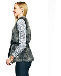 1923 SIZE:XS WONDER BRAND CHARCOAL GRAY FAUX FUR SLVLSS VEST W/LEOPARD PRINT LINING AND FAUX LEATHER BELT RTL:$148.00